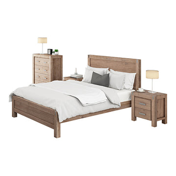 4 Piece Bedroom Queen Suite in Solid Wood Veneered - Bed, Bedside Table & Tallboy