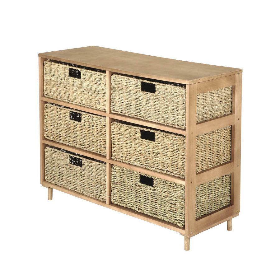 6 Drawer Natural Seagrass Wooden Storage Chest Stylish 66cm