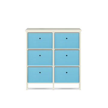 6 Drawer Pine Wood Storage Chest Sky Blue Fabric Baskets 70 x 80cm