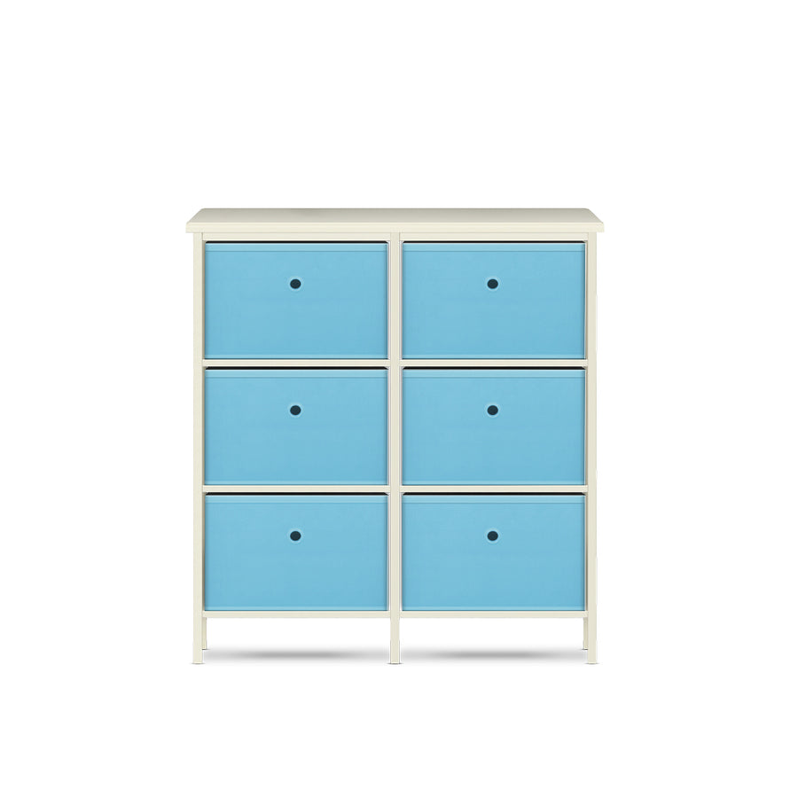 6 Drawer Pine Wood Storage Chest Sky Blue Fabric Baskets 70 x 80cm