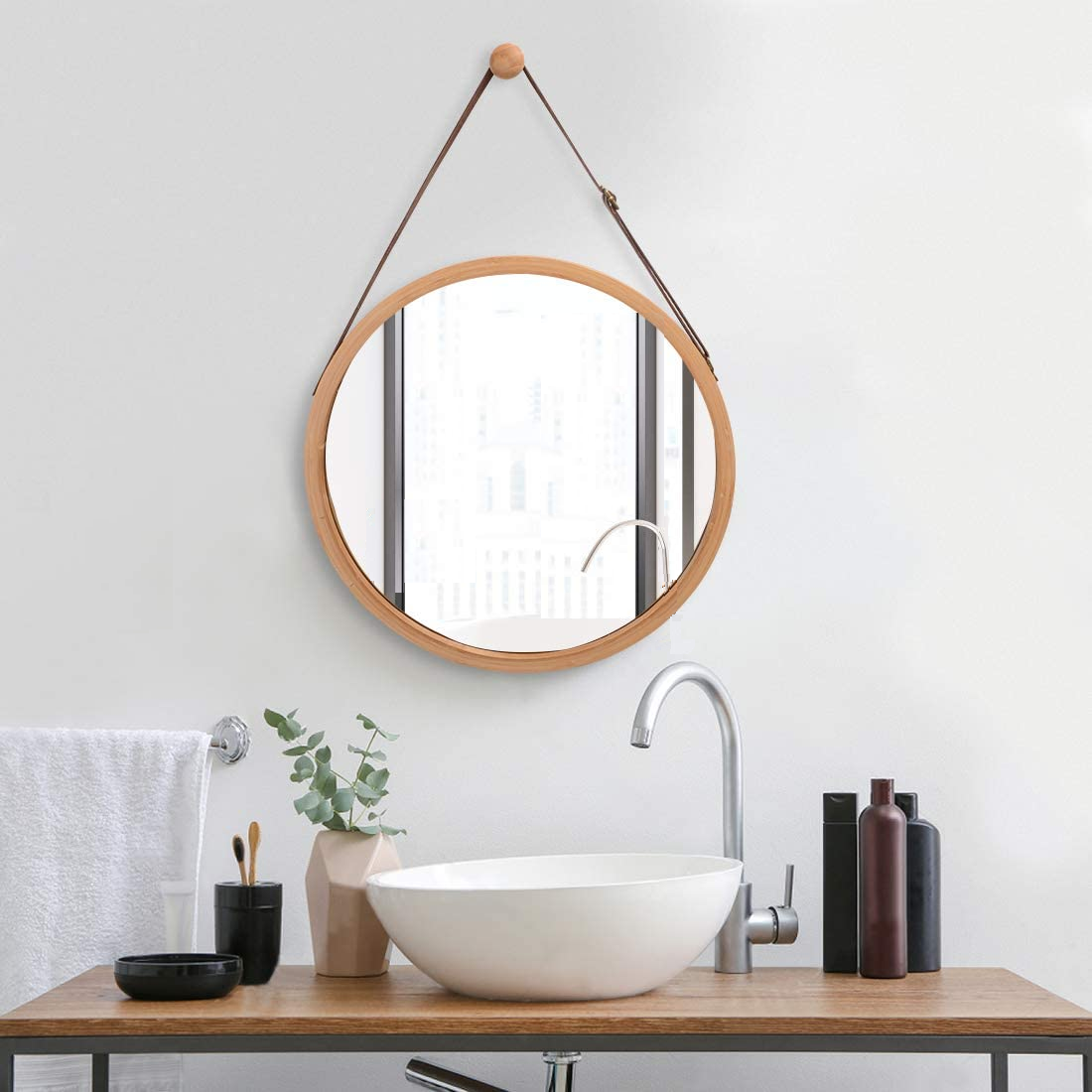 Hanging Round Wall Mirror - Solid Bamboo Frame