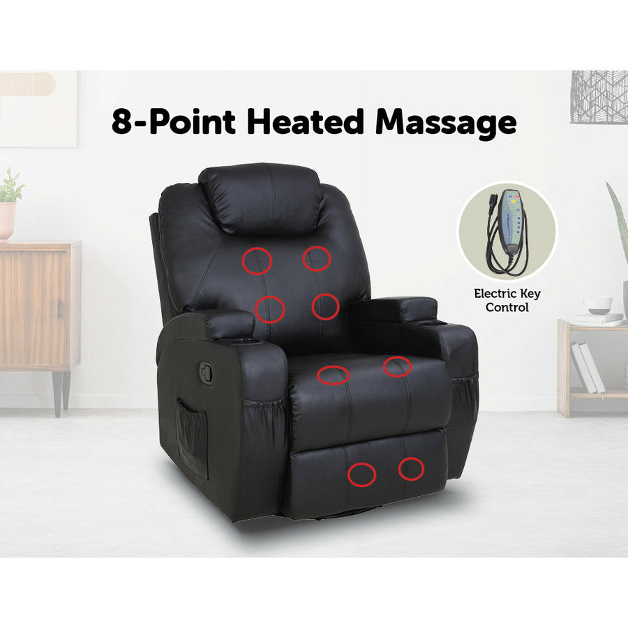 Massage Chair Recliner with 360 Degree Swivel PU Leather Heated - Black