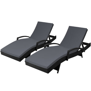 Set of 2 Outdoor Sun Lounge Chair with Cushion - Black