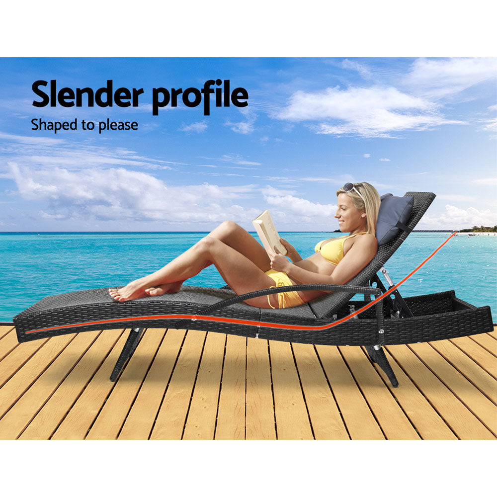 Set of 2 Sun Lounge Outdoor Furniture Wicker Lounger Rattan Day Bed Garden Patio Black