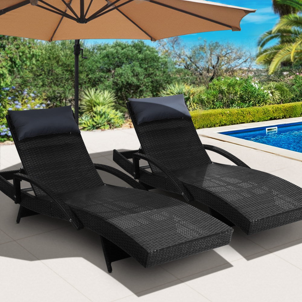 Set of 2 Sun Lounge Outdoor Furniture Wicker Lounger Rattan Day Bed Garden Patio Black