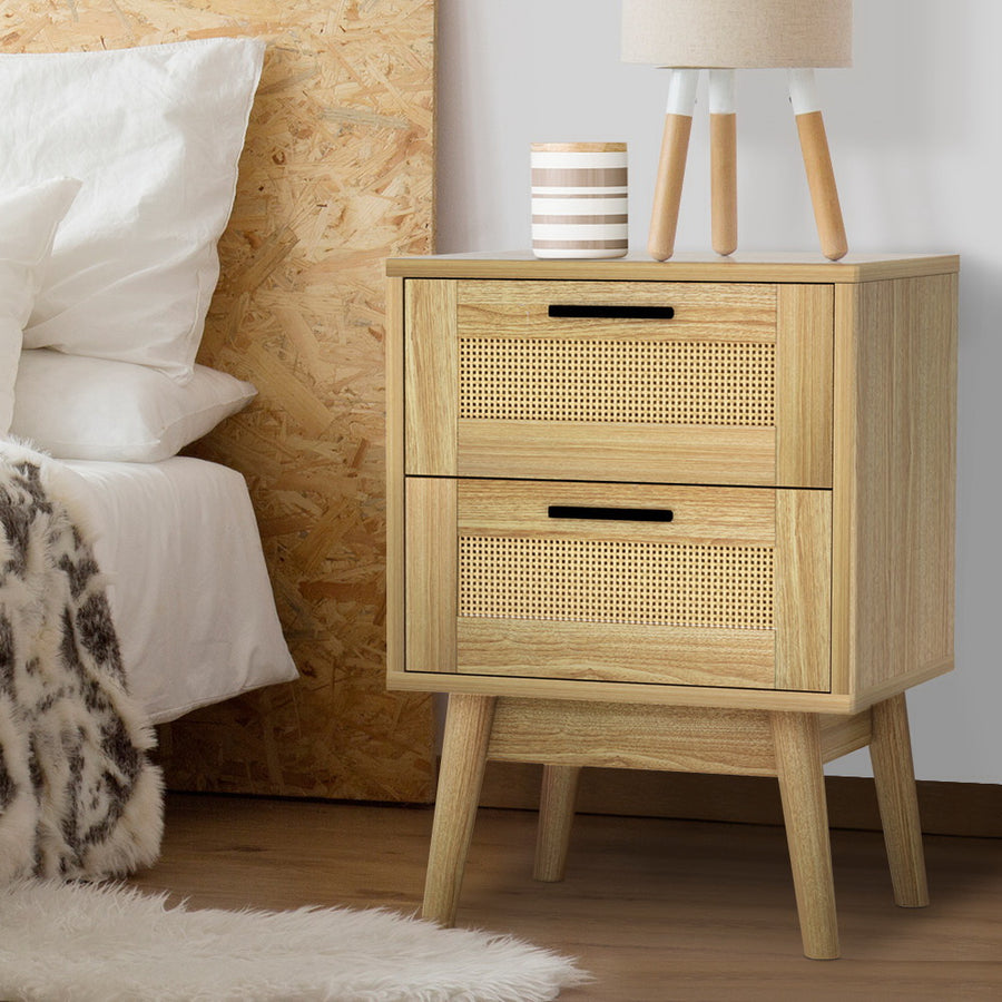 Bedside Tables Rattan 2 Drawers Side Table Nightstand Storage Cabinet