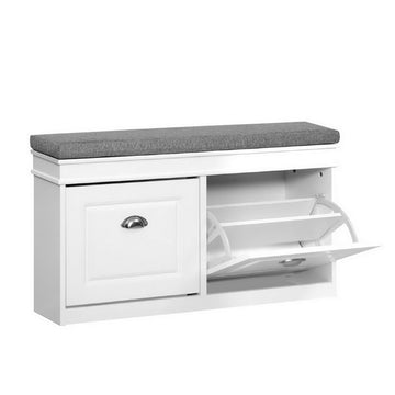 White Shoe Cabinet With Drawers - Wooden Top