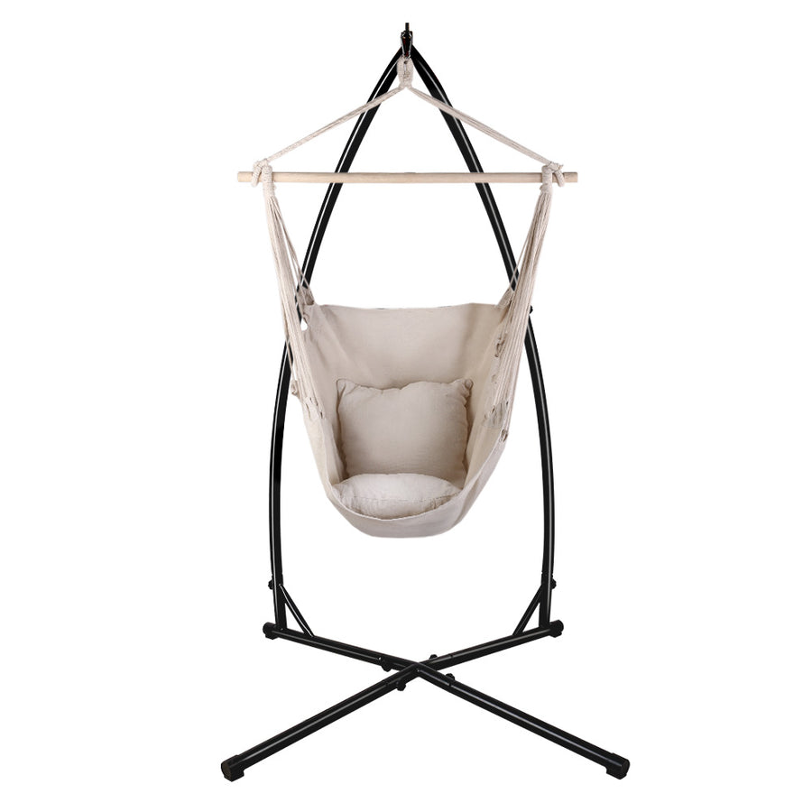 Outdoor Hammock Chair with Steel Stand Hanging Hammock with Pillow Cream