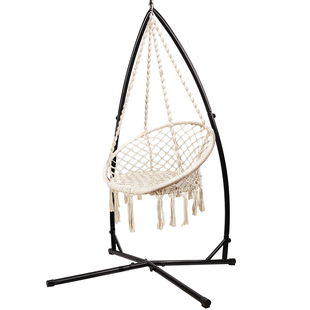 Outdoor Hammock Chair with Steel Stand Cotton Swing Hanging 124CM Cream