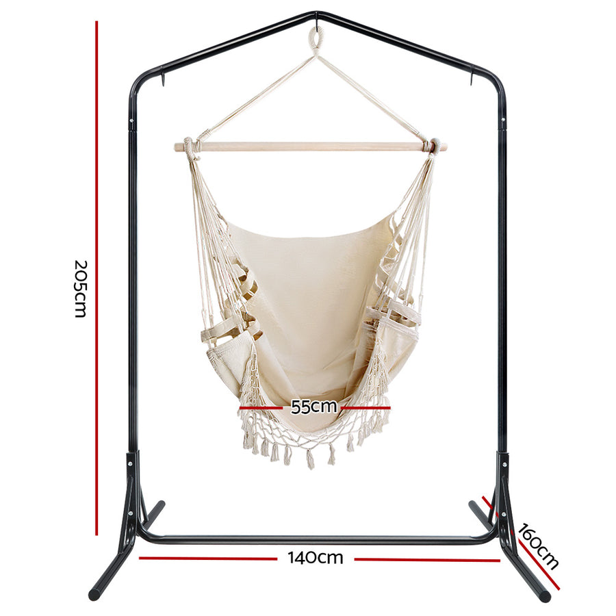 Outdoor Hammock Chair with Stand Tassel Hanging Rope Hammocks Cream