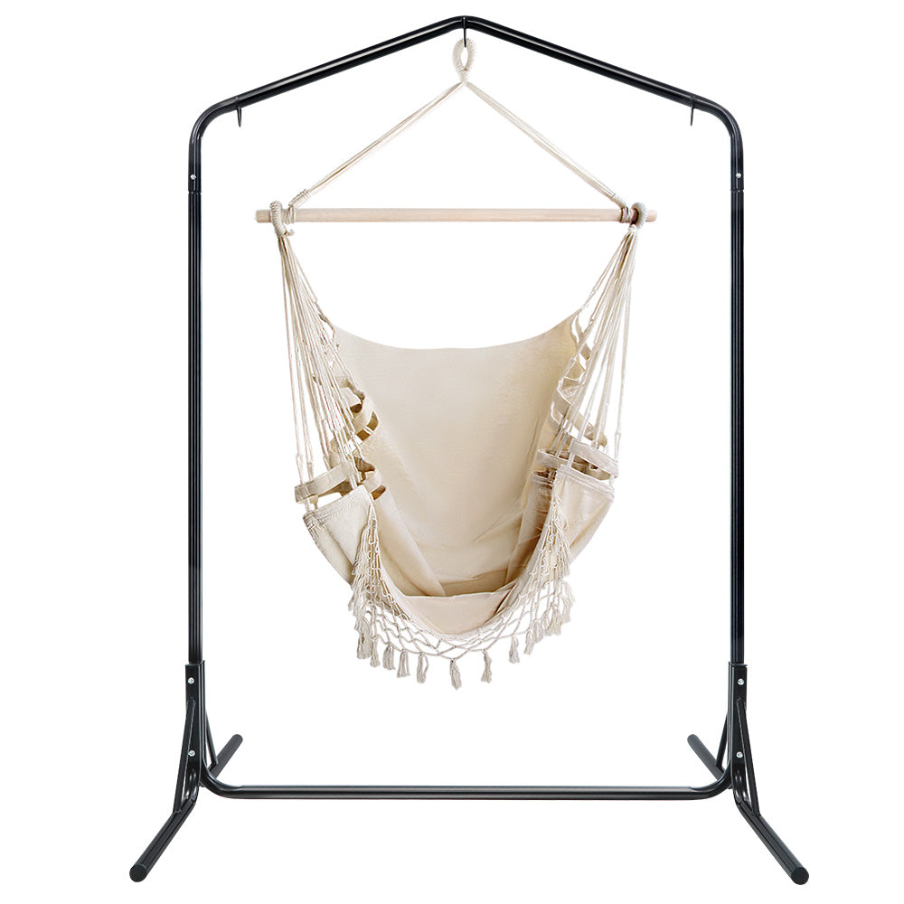 Outdoor Hammock Chair with Stand Tassel Hanging Rope Hammocks Cream