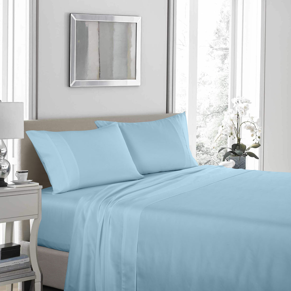 1200 Thread Count Sheet Set 4 Piece Ultra Soft Satin Weave Finish - Sky Blue King