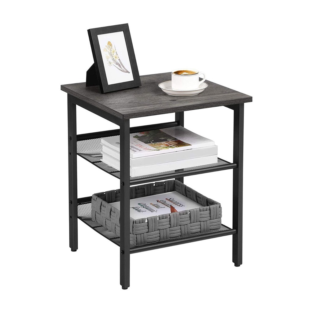 Set of 2 Charcoal Gray and Black Side Table with Adjustable Mesh Shelves LET024B04