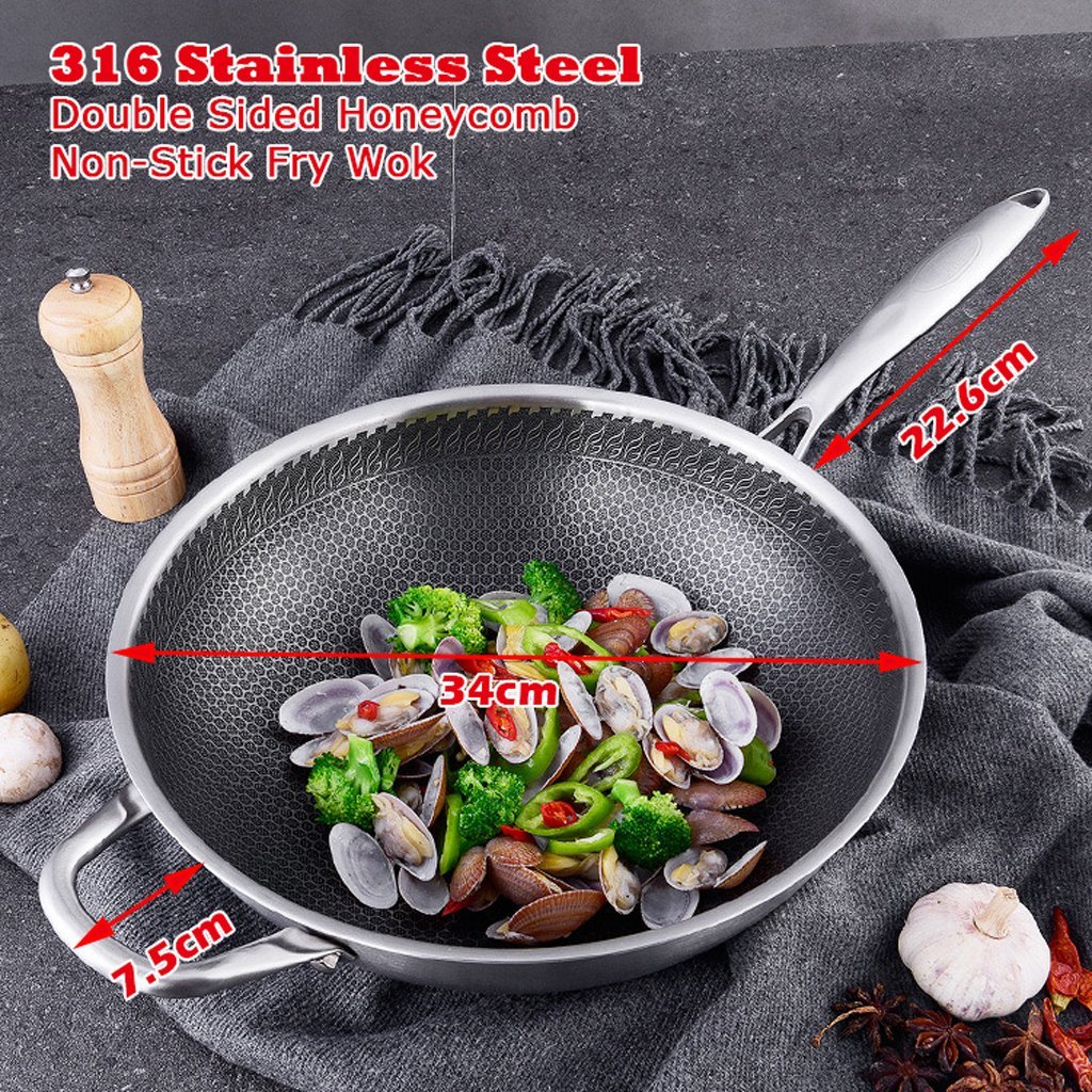 316 Stainless Steel Non-Stick Stir Fry Cooking Kitchen Wok Pan without Lid Honeycomb Double Sided