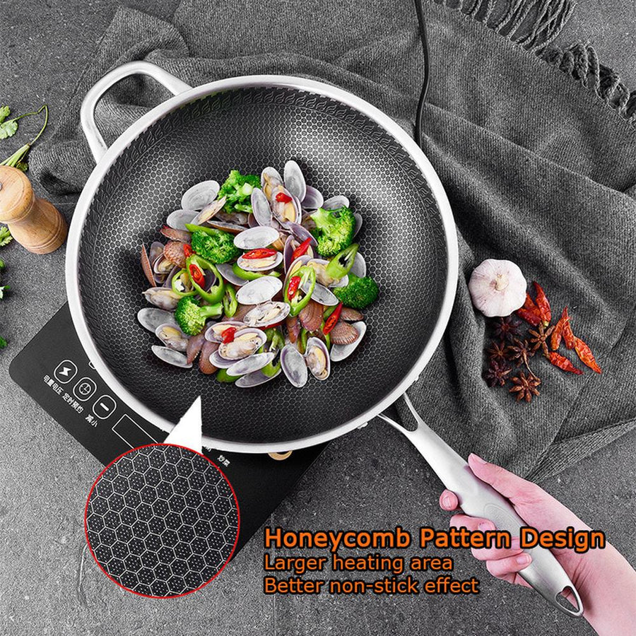 316 Stainless Steel Non-Stick Stir Fry Cooking Kitchen Wok Pan without Lid Honeycomb Double Sided