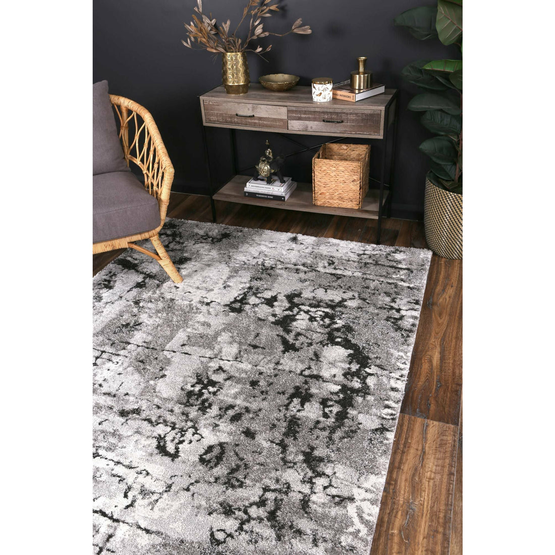 Yuzil Dark Grey Transitional Floral Rug 160x230cm