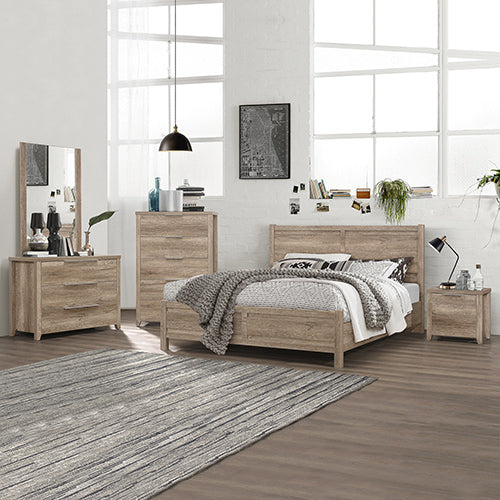 5 Pieces Bedroom Queen Suite - Oak Bed, Bedside Table, Tallboy & Dresser