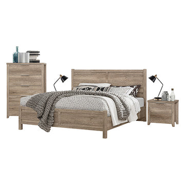 5 Pieces Bedroom Queen Suite - Oak Bed, Bedside Table, Tallboy & Dresser