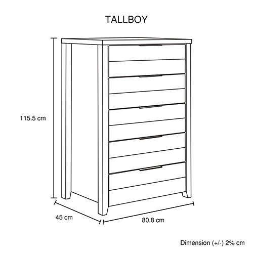 5 Pieces Bedroom Queen Suite - Oak Bed, Bedside Table, Tallboy & Dresser