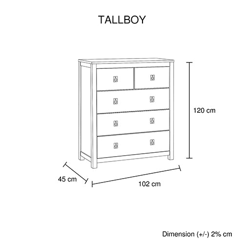 Ash Wood Tallboy with 5 Storage Drawers