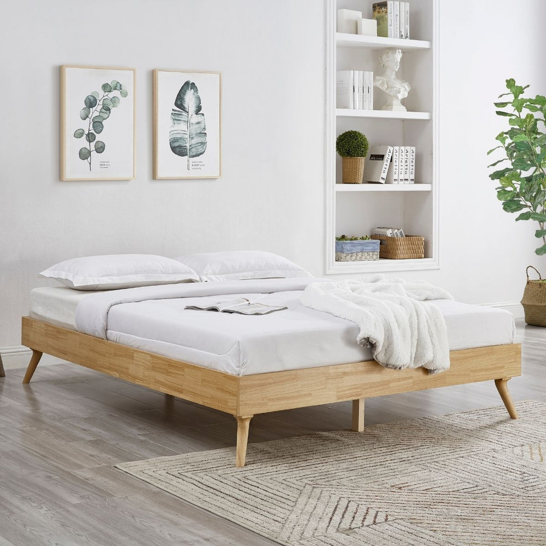 Natural Oak Ensemble Bed Frame Wooden Slat - Queen