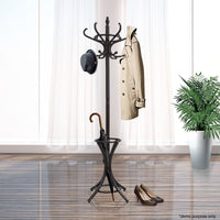 Brown Coat Rack with Stand - 12 Hook Walnut Wood