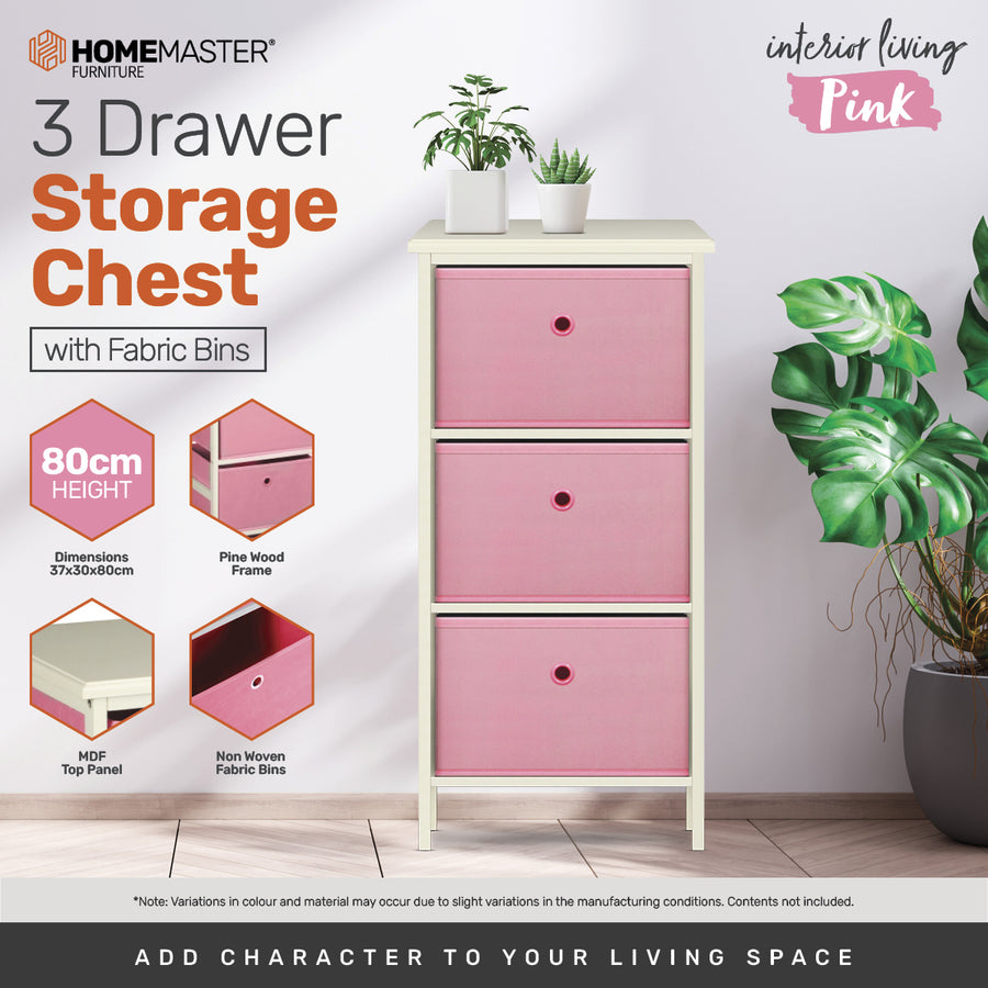 3 Drawer Pine Wood Storage Chest Pink Fabric Baskets 70 x 80cm