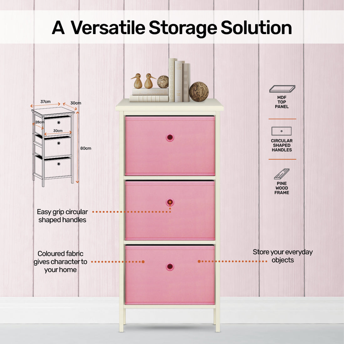 3 Drawer Pine Wood Storage Chest Pink Fabric Baskets 70 x 80cm