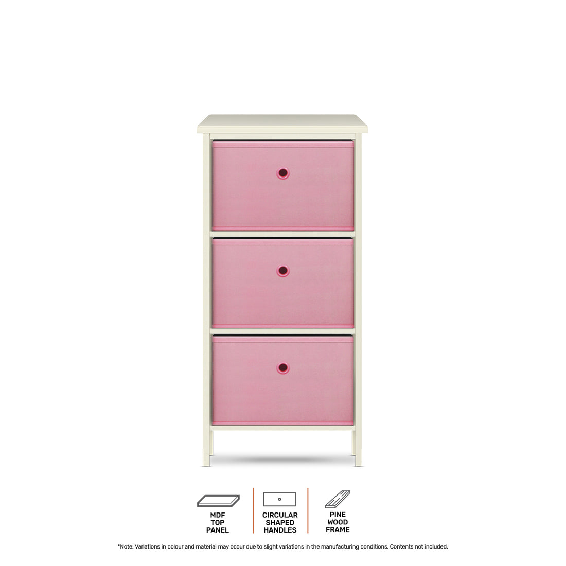 3 Drawer Pine Wood Storage Chest Pink Fabric Baskets 70 x 80cm