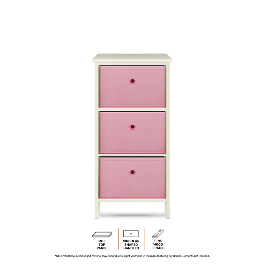 3 Drawer Pine Wood Storage Chest Pink Fabric Baskets 70 x 80cm