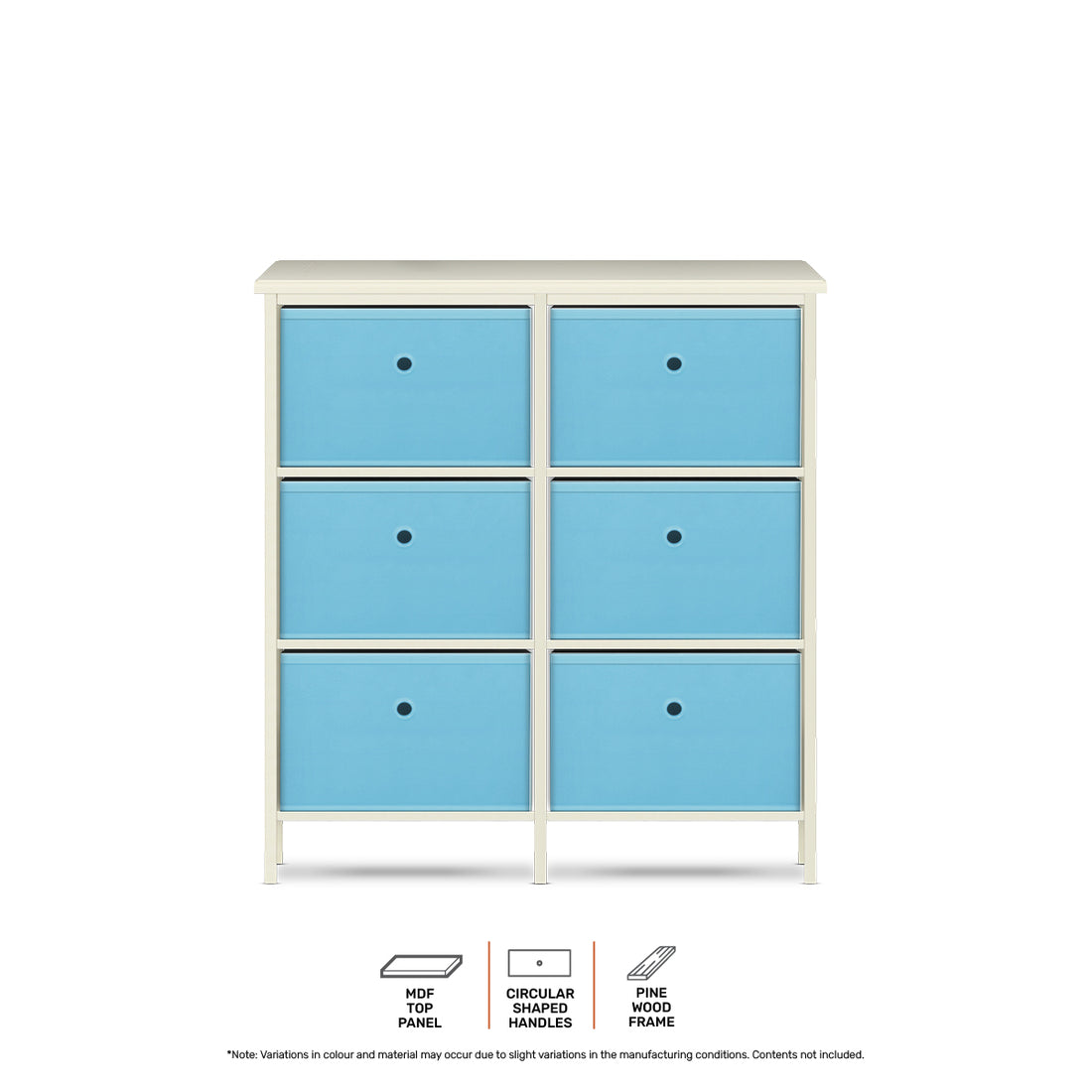 6 Drawer Pine Wood Storage Chest Sky Blue Fabric Baskets 70 x 80cm